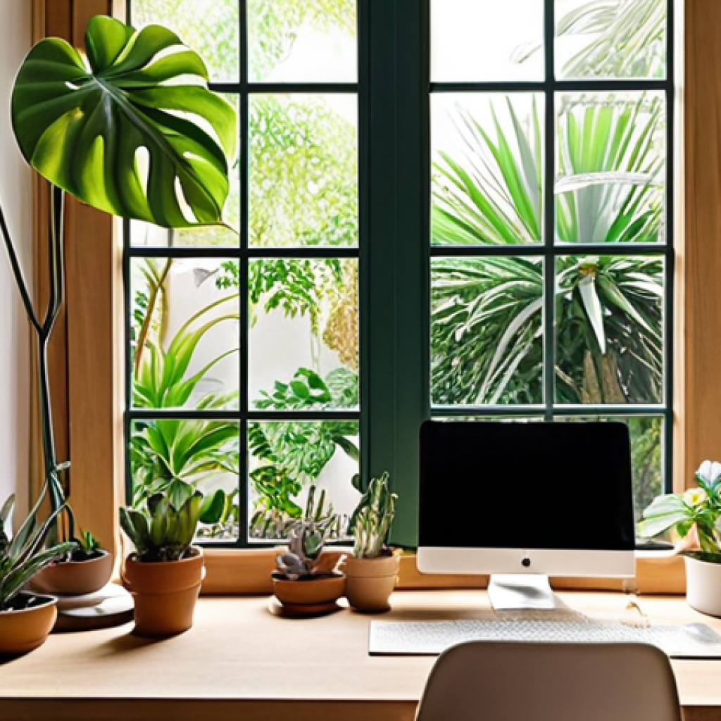 **Prompt:** A serene and inspiring home office, meticulously designed with biophilic principles. Soft, abundant natural light streams in through a large window, revealing a glimpse of an outdoor tree or garden. The workspace features a collection of small, vibrant succulents and a large indoor plant (e.g., a Monstera) providing a calming green presence. The atmosphere is one of focused productivity, stress reduction, and increased creativity, reflecting a healthy and harmonious connection with nature indoors.