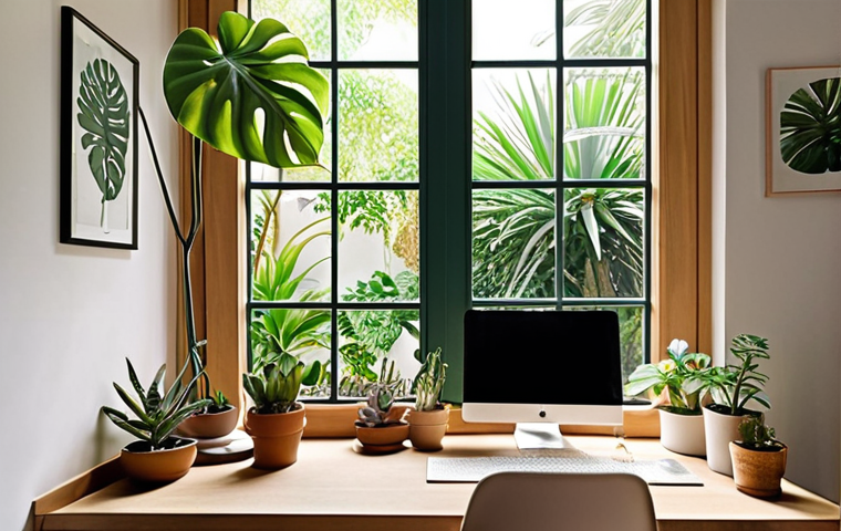 **Prompt:** A serene and inspiring home office, meticulously designed with biophilic principles. Soft, abundant natural light streams in through a large window, revealing a glimpse of an outdoor tree or garden. The workspace features a collection of small, vibrant succulents and a large indoor plant (e.g., a Monstera) providing a calming green presence. The atmosphere is one of focused productivity, stress reduction, and increased creativity, reflecting a healthy and harmonious connection with nature indoors.