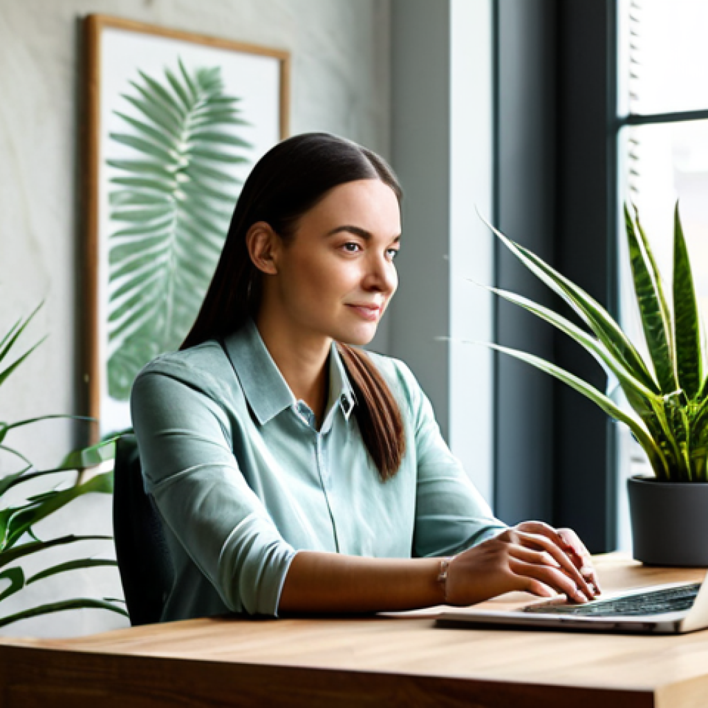 A professional woman in a modest, smart casual outfit, sitting calmly at a wooden desk in a modern home office designed with biophilic principles. Abundant natural light streams through a large window, illuminating lush green indoor plants, including a tall Areca Palm and a Sansevieria on the desk. The wall behind her features a subtle natural stone texture. She is focused, with a serene expression, reflecting a sense of peace and productivity.
    *   **Safety & Anatomy Modifiers:** fully clothed, appropriate attire, modest clothing, safe for work, appropriate content, professional, perfect anatomy, correct proportions, natural pose, well-formed hands, proper finger count, natural body proportions.
    *   **Quality Modifiers:** professional photography, high quality, sharp focus, natural colors, harmonious composition, calming atmosphere.
