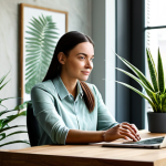 A professional woman in a modest, smart casual outfit, sitting calmly at a wooden desk in a modern home office designed with biophilic principles. Abundant natural light streams through a large window, illuminating lush green indoor plants, including a tall Areca Palm and a Sansevieria on the desk. The wall behind her features a subtle natural stone texture. She is focused, with a serene expression, reflecting a sense of peace and productivity.
    *   **Safety & Anatomy Modifiers:** fully clothed, appropriate attire, modest clothing, safe for work, appropriate content, professional, perfect anatomy, correct proportions, natural pose, well-formed hands, proper finger count, natural body proportions.
    *   **Quality Modifiers:** professional photography, high quality, sharp focus, natural colors, harmonious composition, calming atmosphere.