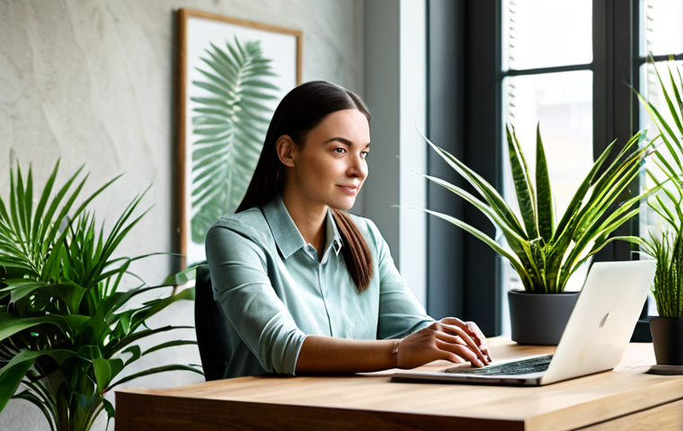 A professional woman in a modest, smart casual outfit, sitting calmly at a wooden desk in a modern home office designed with biophilic principles. Abundant natural light streams through a large window, illuminating lush green indoor plants, including a tall Areca Palm and a Sansevieria on the desk. The wall behind her features a subtle natural stone texture. She is focused, with a serene expression, reflecting a sense of peace and productivity.
* **Safety & Anatomy Modifiers:** fully clothed, appropriate attire, modest clothing, safe for work, appropriate content, professional, perfect anatomy, correct proportions, natural pose, well-formed hands, proper finger count, natural body proportions.
* **Quality Modifiers:** professional photography, high quality, sharp focus, natural colors, harmonious composition, calming atmosphere.
